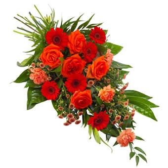 Rouwboeket oranje/rode tinten Rouwboeketten Bloemenpaleis Verhagen Rouwboeket € 20.00 